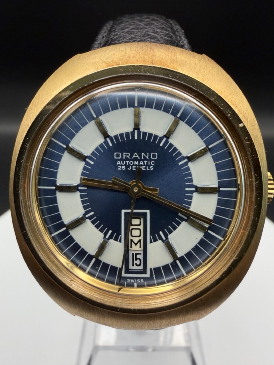 Montre Orano NOS Swiss Made Automatique day date bleue vintage plaqué or