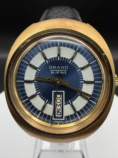 Montre Orano NOS Swiss Made Automatique day date bleue vintage plaqué or