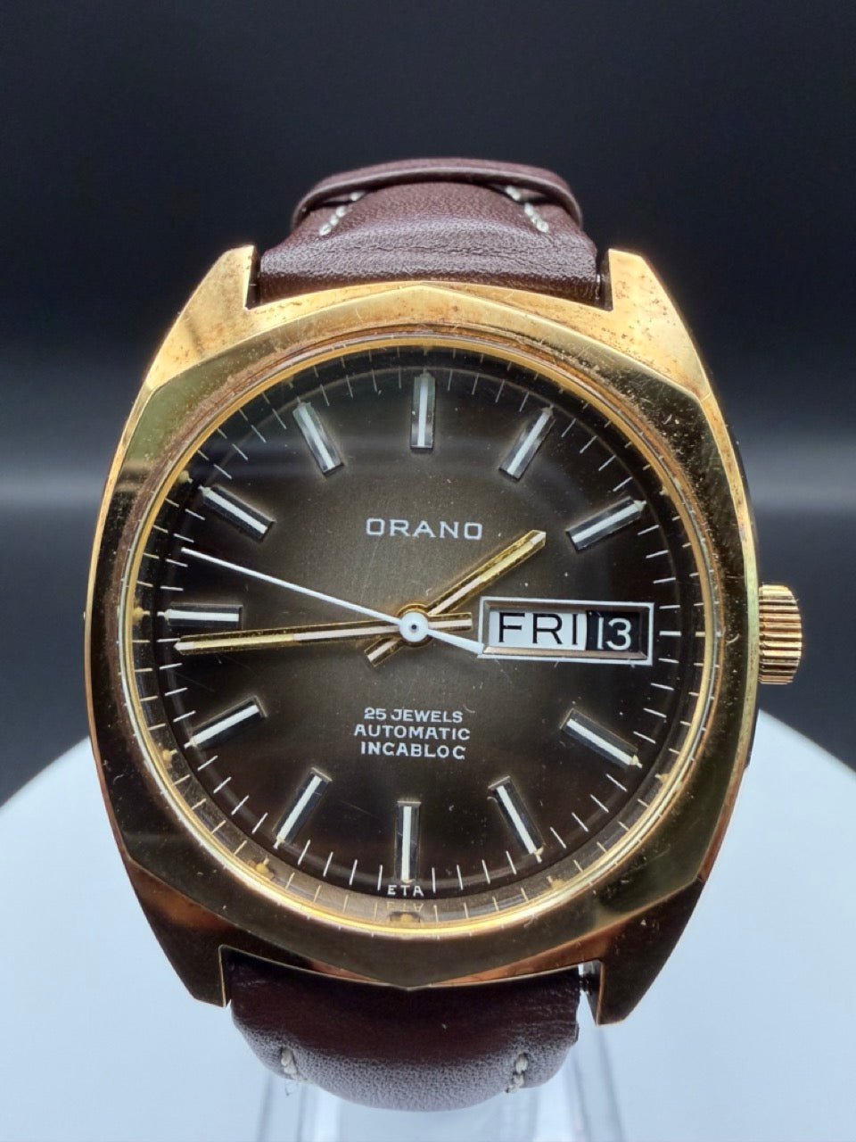 Montre Orano NOS Swiss Made Automatique day date marron vintage