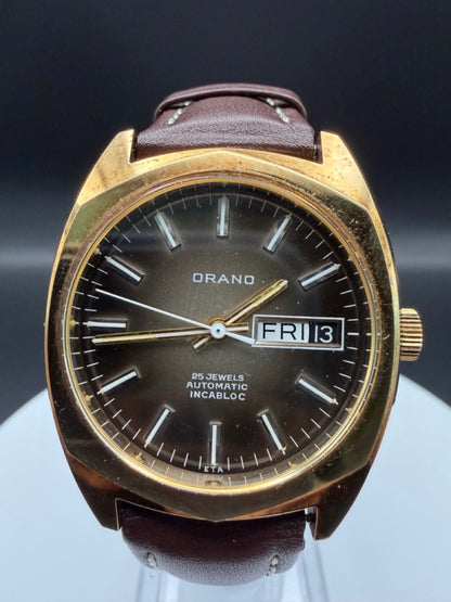 Montre Orano NOS Swiss Made Automatique day date marron vintage