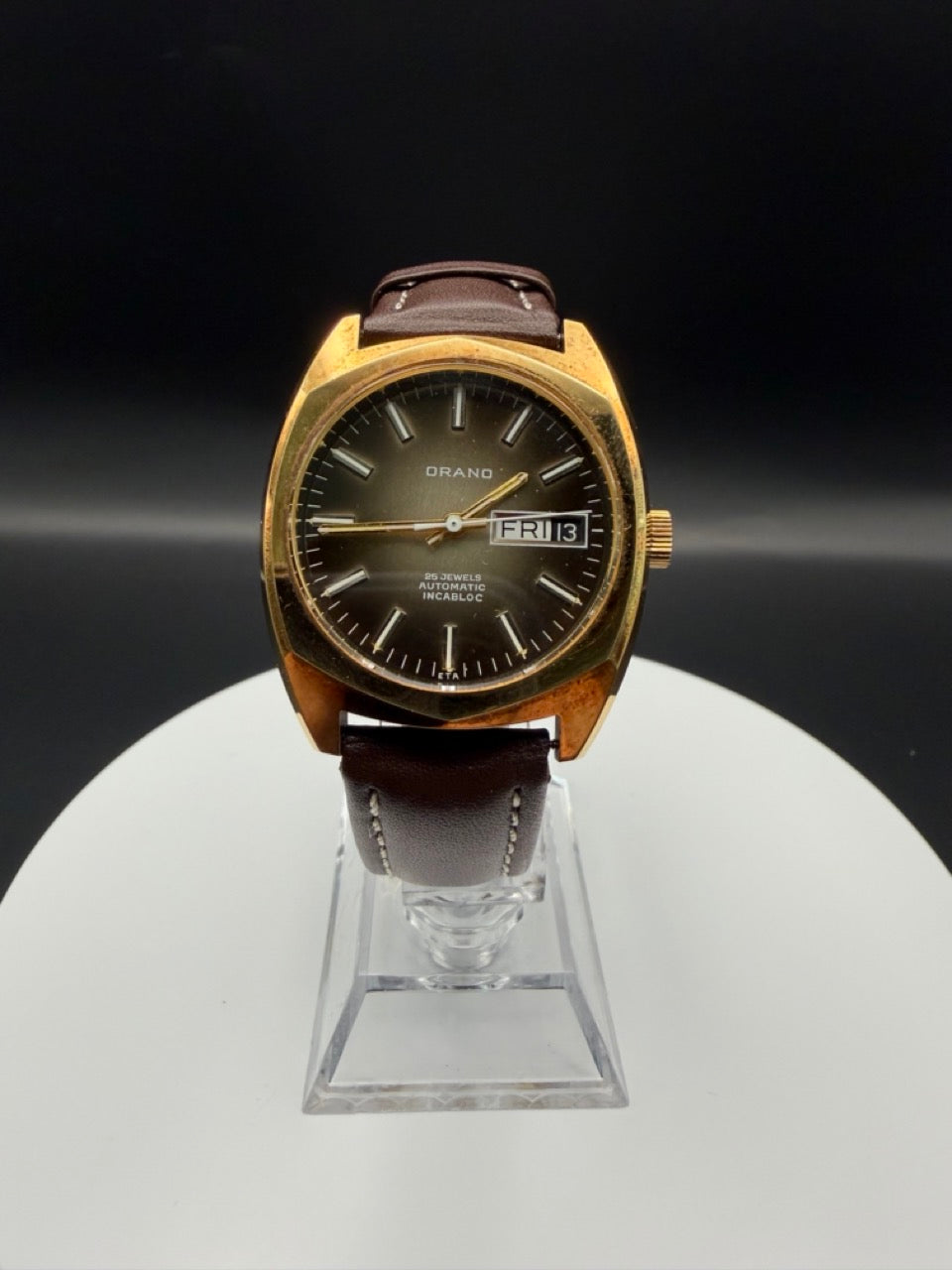 Montre Orano NOS Swiss Made Automatique day date marron vintage