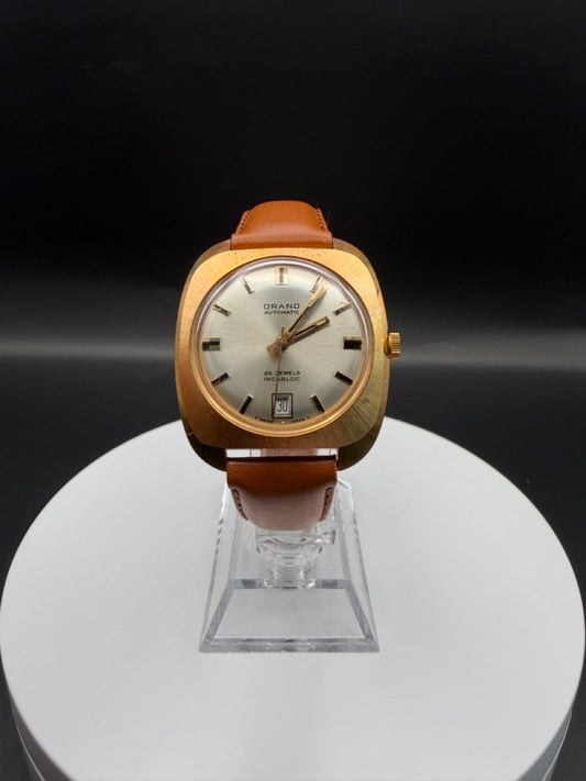 Montre Orano NOS Swiss Made Automatique doré bracelet marron