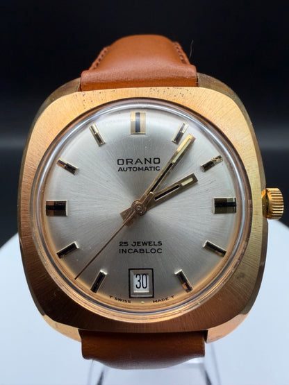 Montre Orano NOS Swiss Made Automatique doré bracelet marron