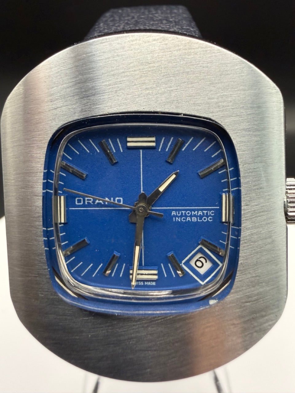 Montre Orano NOS Swiss Made Automatique day date cadran bleu vintage
