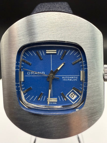 Montre Orano NOS Swiss Made Automatique day date cadran bleu vintage