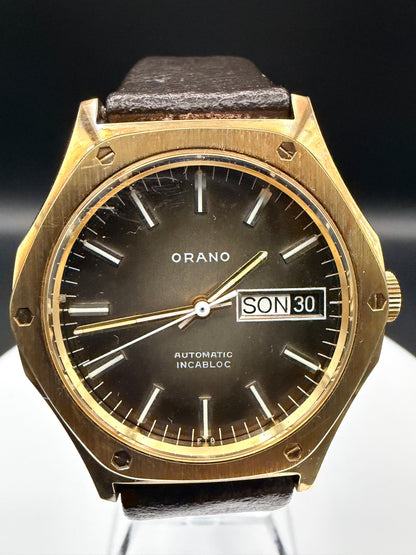 Montre Orano NOS Suisse octogonale automatique cadran beige marron patiné