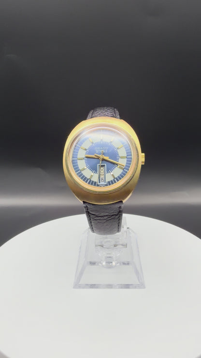 Montre Orano NOS Swiss Made Automatique day date bleue vintage plaqué or